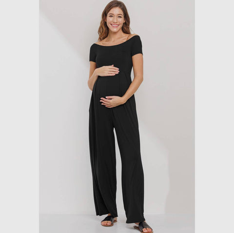 Hello Miz Off Shoulder Wide Leg Maternity Jumpsuit - Black