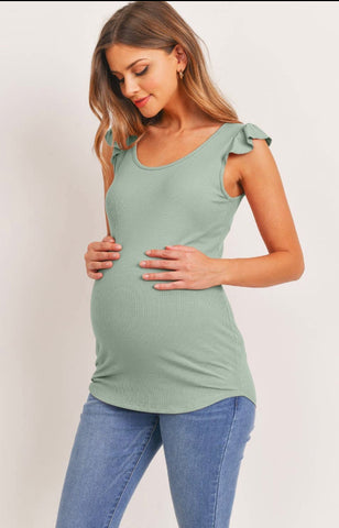 Ruffle Sleeve Ribbed Maternity Top - Sage