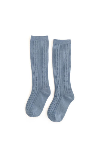 Cable Knit Knee High Socks - Steel Blue
