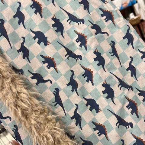 Faux Fur Blanket - Blue Dino Checkers