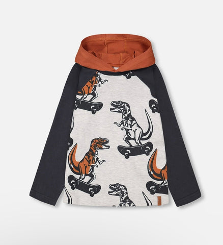 Deux Par Deux Printed Hooded Jersey T-shirt- Dinosaurs