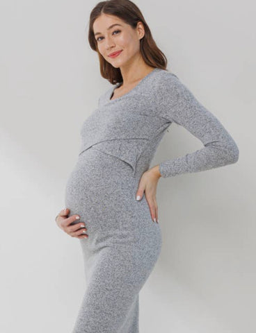 Hello Miz Double Layered Bust Nursing/Maternity Long Sleeve Dress - H-Grey