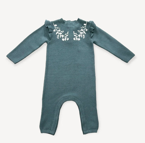 Viverano Embroidered Knit Jumpsuit - Teal Blue
