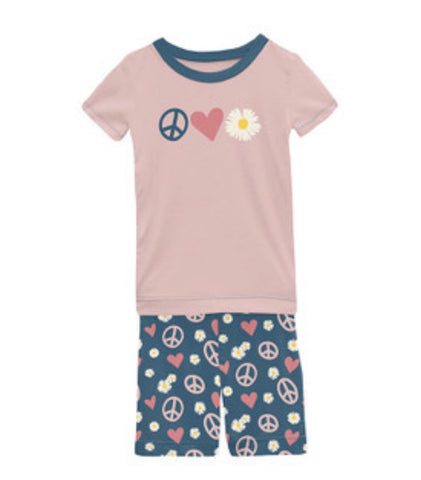 Kickee Short Sleeve Graphic Tee Pajama Set w/ Shorts- Peace, Love and Happiness