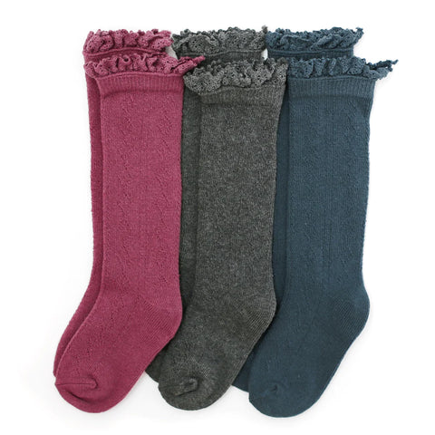 Little Stocking Co. Fancy Lace Top 3-Pack - Academy (Charcoal/French Blue/Mulberry)
