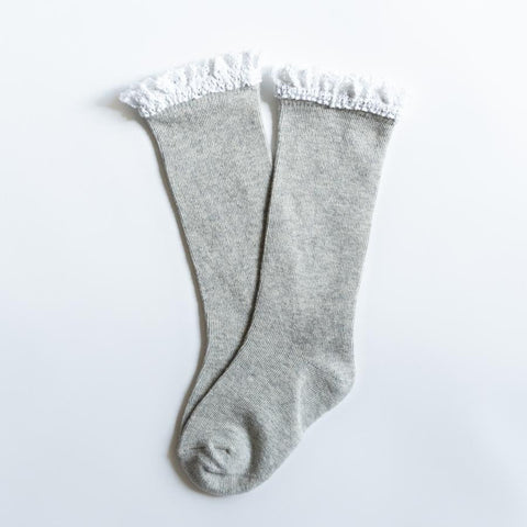 Lace Top Knee High Socks - Gray