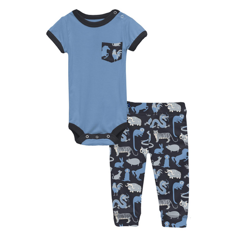 Print Short Sleeve Pocket One Piece and Pants- Deep Space Chinese Zodiac (Newborn)
