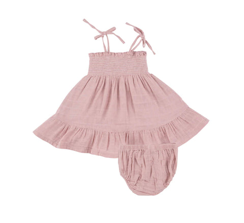 Tie Strap Smocked Sundress and Diaper Cover- Dusty Pink