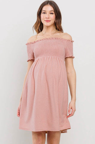 Off Shoulder Smocked Top Maternity Dress - Mauve