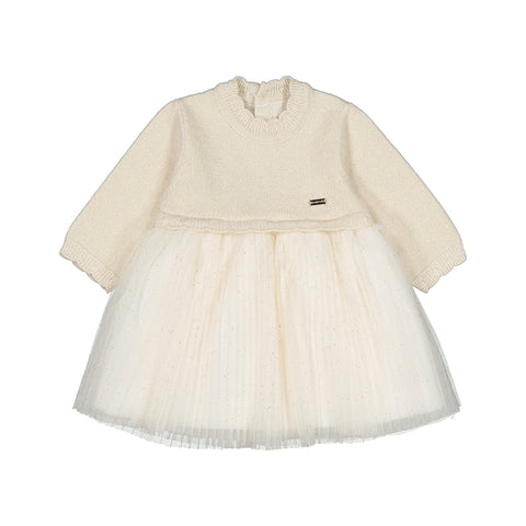 Mayoral Pleated Knit Tulle Dress - Champagne