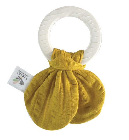 Rubber Teething ring- with Yellow Muslin Tie