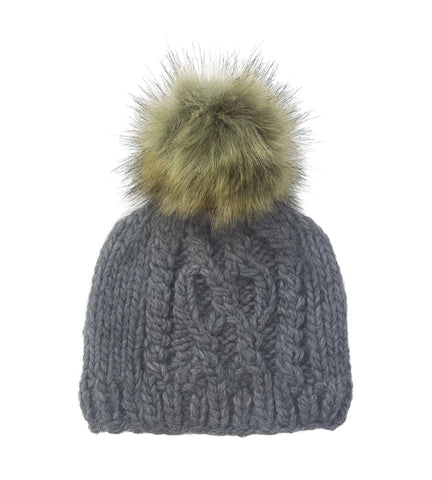 The Blueberry Hill Cable Knit Hat with Fur Pom - Zinc