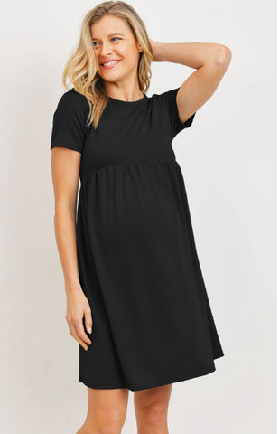 French Terry Babydoll Maternity T-Shirt Dress- Black